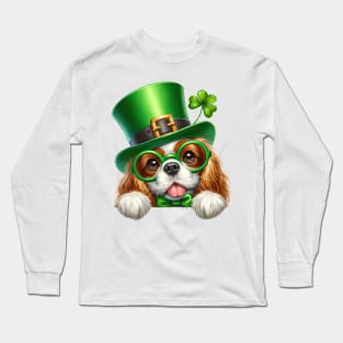 St Patricks Day Peeking Cavalier King Charles Spaniel Dog Long Sleeve T-Shirt